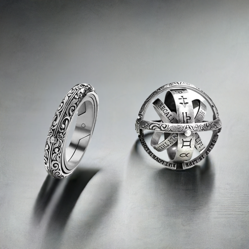 Silver astronomical sphere ring